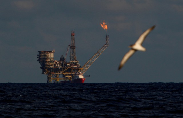 FILE PHOTO: A seagull flies in front of an oil platform in the Bouri oilfield some 70 nautical miles north of the coast of Libya