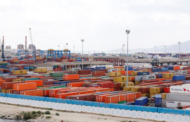 View of containers at a loading terminal in the port of Rades in Tunis