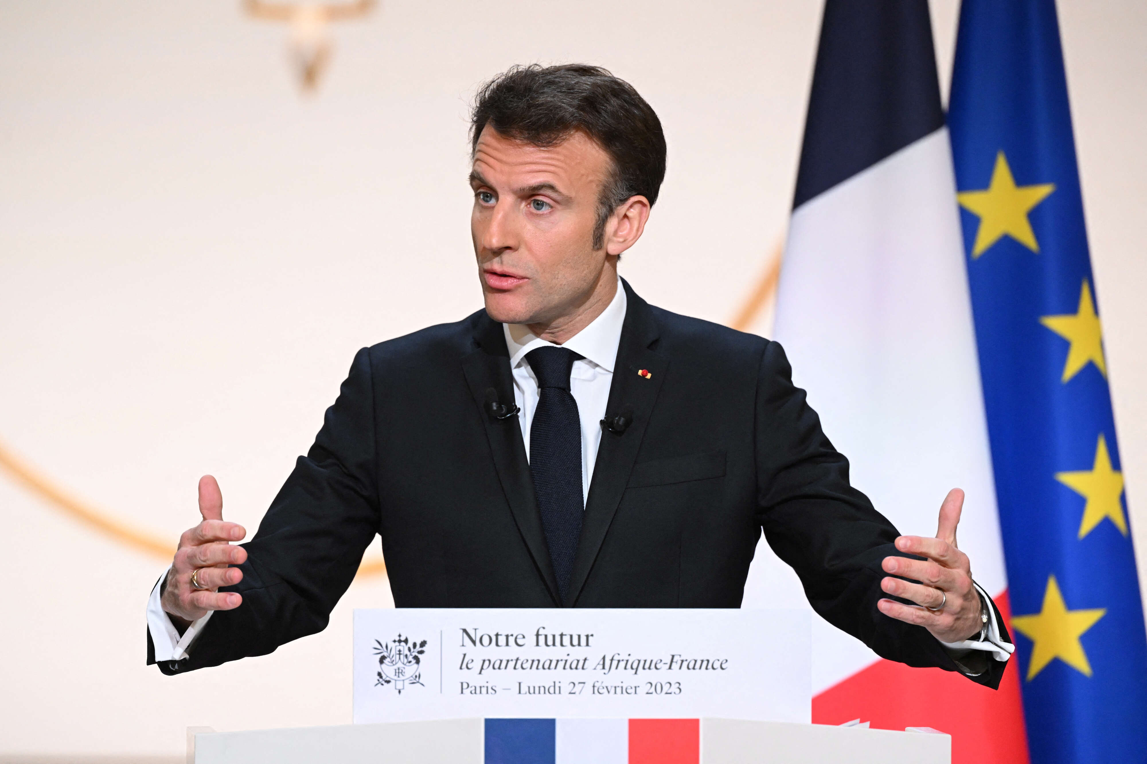 French President Emmanuel Macron gives a speech to ouline France's revamped strategy for Africa ahead of his visit in Central Africa, in Paris
