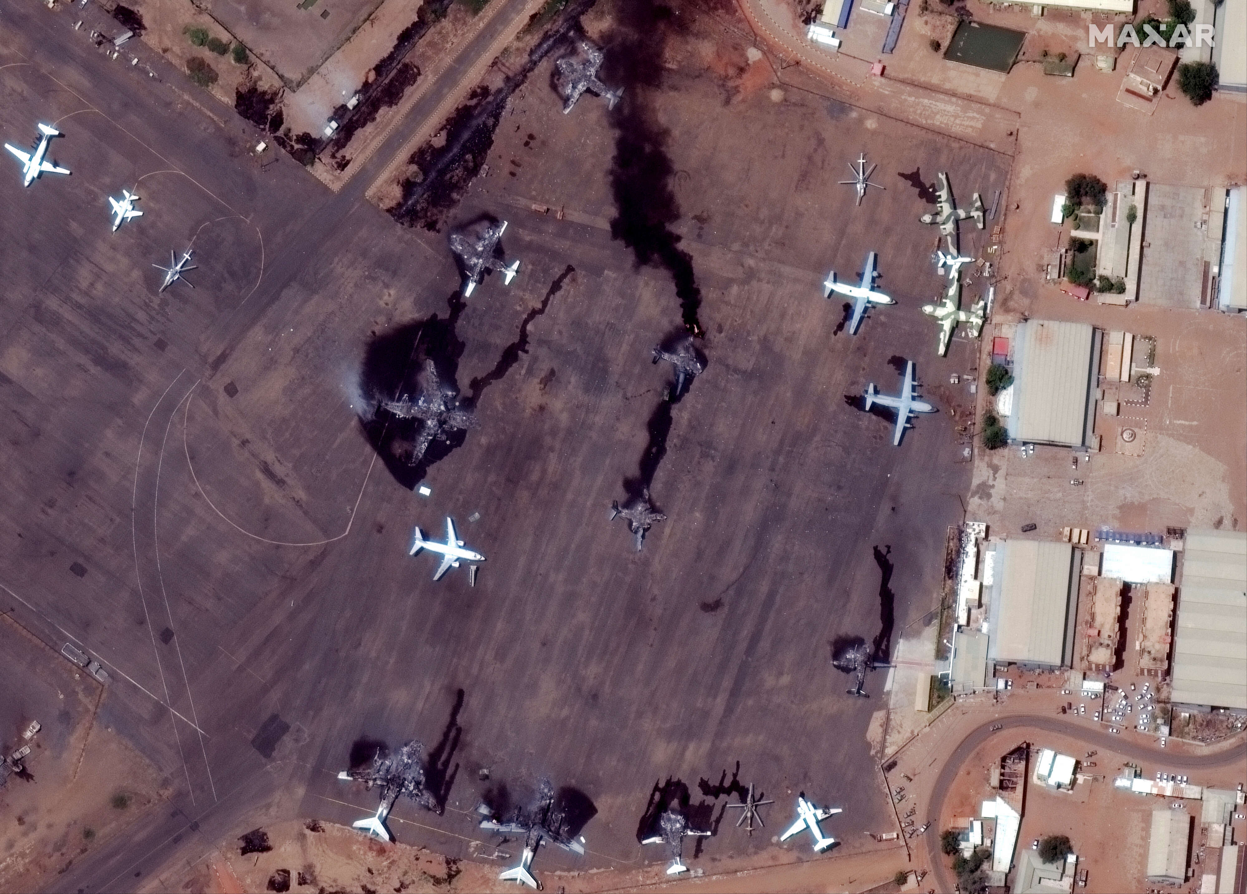 Satellite image shows a view of destroyed airplanes at Khartoum International Airport