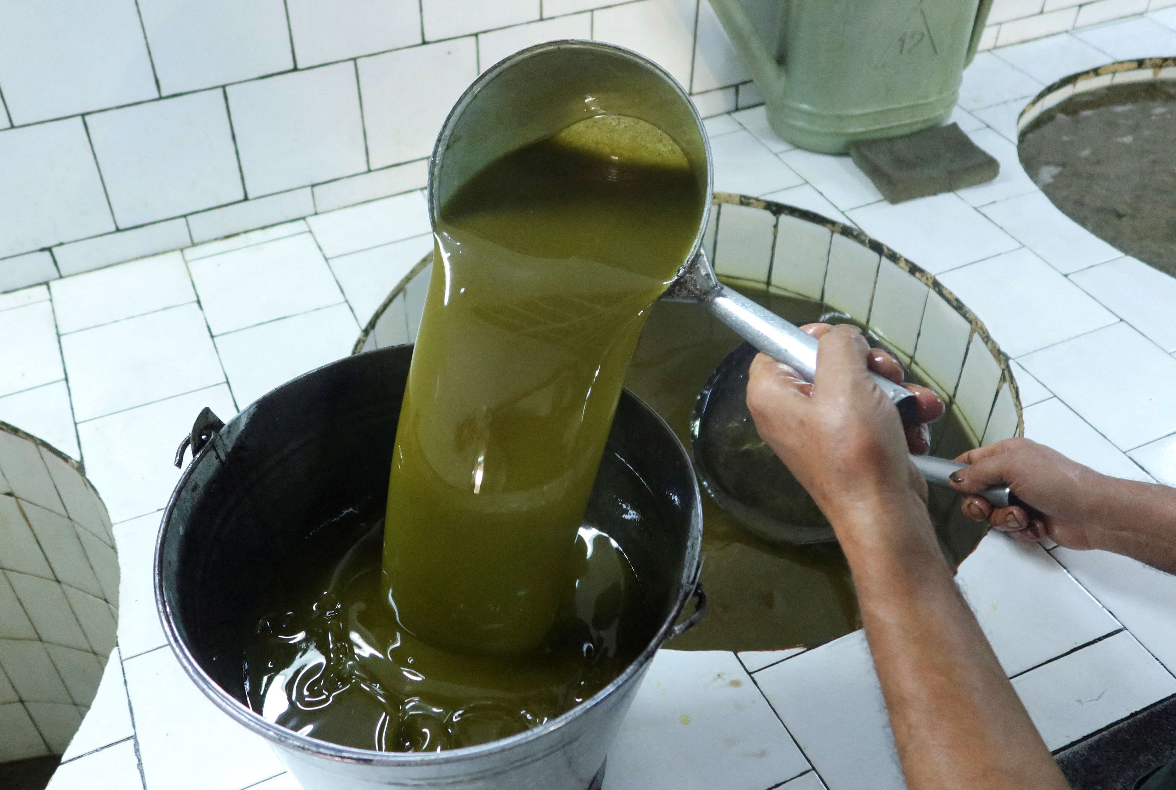 A worker pours olive oil in a filtering basin inside a mill in Tebourba